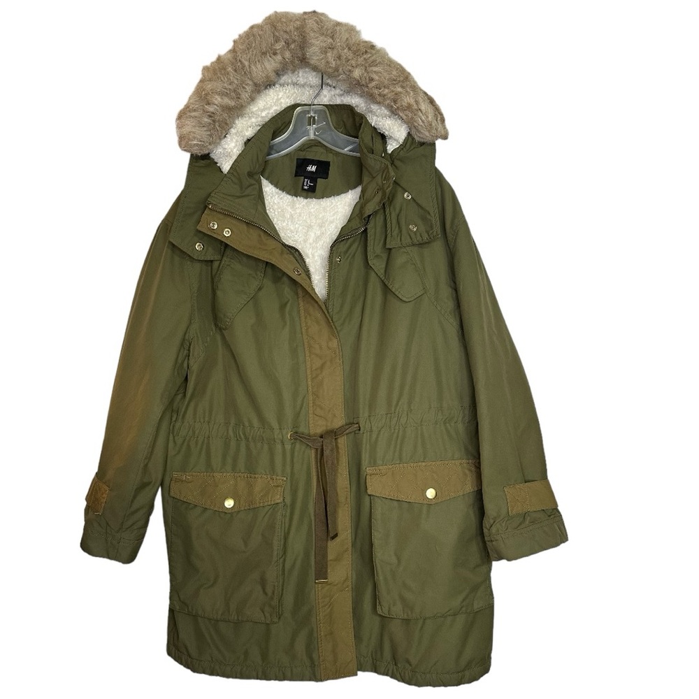 H&M Y2K Winter Olive Green Sherpa Lined Removable Faux Fur Trim Hood Jacket Coat